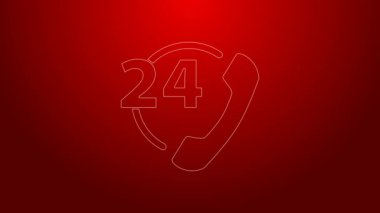 Yeşil Hat Telefon kırmızı arkaplanda 24 saatlik destek ikonu izole edildi. Tüm gün müşteri destek merkezi. Tam zamanlı çağrı servisi. 4K Video hareketli grafik canlandırması