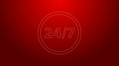 Yeşil Çizgili Saat 24 saat simgesi kırmızı arkaplanda izole edildi. Tüm gün döngü simgesi. 24 saat hizmet sembolü. 4K Video hareketli grafik canlandırması