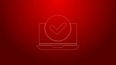 Kırmızı arkaplanda yeşil çizgi dizüstü simgesi izole edildi. Boş ekran işaretli bilgisayar defteri. 4K Video hareketli grafik canlandırması