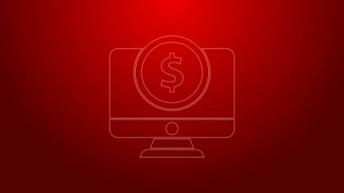 Kırmızı zemin üzerinde dolar sembolü olan yeşil çizgi bilgisayar monitörü. İnternetten alışveriş konsepti. İnternetten kazanç, pazarlama. 4K Video hareketli grafik canlandırması