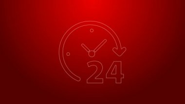Yeşil Çizgili Saat 24 saat simgesi kırmızı arkaplanda izole edildi. Tüm gün döngü simgesi. 24 saat hizmet sembolü. 4K Video hareketli grafik canlandırması