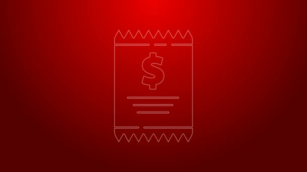 Línea verde Comprobación de papel y verificación financiera icono aislado sobre fondo rojo. Comprobación de impresión de papel, recibo de la tienda o factura. Animación gráfica de vídeo 4K — Vídeos de Stock