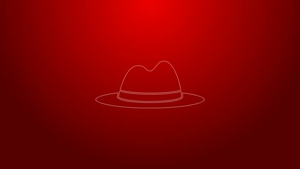 Línea verde Sombrero de hombre con icono de cinta aislado sobre fondo rojo. Animación gráfica de vídeo 4K — Vídeos de Stock