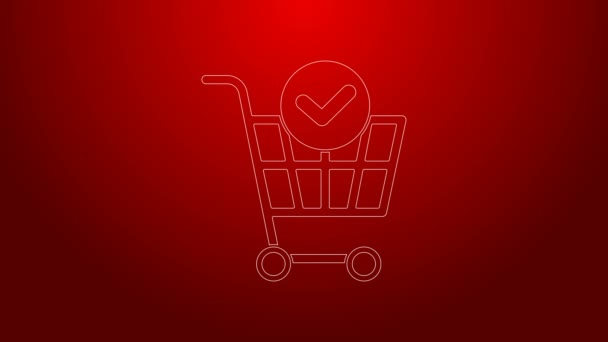 Línea verde Carrito de compras con icono de marca de verificación aislado sobre fondo rojo. Cesta de supermercado con aprobado, confirmar, hecho, garrapata, completado. Animación gráfica de vídeo 4K — Vídeo de stock