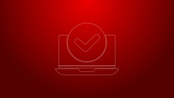 Línea verde Icono del ordenador portátil aislado sobre fondo rojo. Computadora portátil con pantalla vacía. Animación gráfica de vídeo 4K — Vídeos de Stock