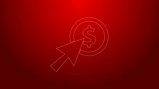 Zöld vonal Cursor és érme ikon elszigetelt piros háttérrel. Dollár vagy USD szimbólum. Készpénz Banking pénznem jel. 4K Videó mozgás grafikus animáció — Stock videók
