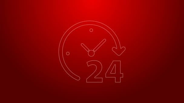 Зеленая линия Часы 24 часа значок изолирован на красном фоне. Целый день циклическая икона. 24 часа сервисный символ. Видеографическая анимация 4K — стоковое видео
