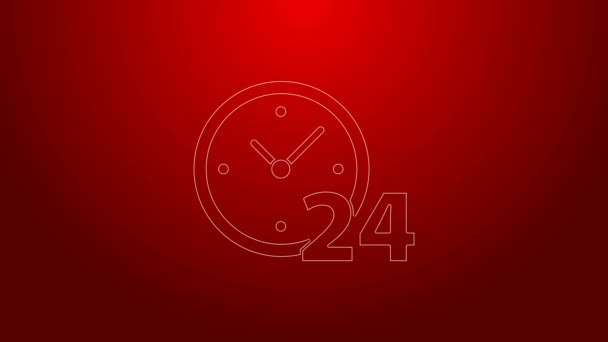 Línea verde Reloj 24 horas icono aislado sobre fondo rojo. Todo el día icono cíclico. Símbolo de servicio 24 horas. Animación gráfica de vídeo 4K — Vídeos de Stock