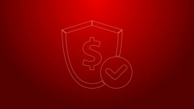 Kırmızı arkaplanda dolar sembolü olan yeşil çizgi kalkanı. Güvenlik kalkanı koruması. Para güvenliği konsepti. 4K Video hareketli grafik canlandırması