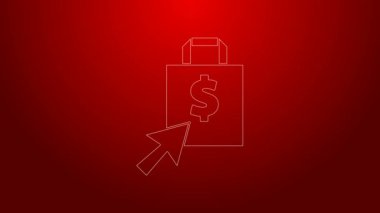 Yeşil çizgi Shoping çanta ve dolar simgesi kırmızı arkaplanda izole edildi. El çantası işareti. Kadın çanta ikonu. Kadın el çantası işareti. 4K Video hareketli grafik canlandırması
