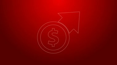 Kırmızı arka planda yeşil çizgi ve madeni para ikonu izole edildi. Gelirleri arttırıyorum. 4K Video hareketli grafik canlandırması