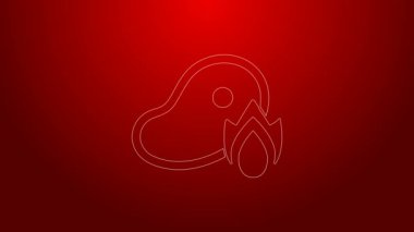 Yeşil çizgi ızgara biftek eti ve kırmızı arka planda izole edilmiş ateş alevi ikonu. 4K Video hareketli grafik canlandırması