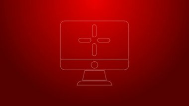 Yeşil çizgi bilgisayar monitörü simgesi kırmızı arkaplanda izole edildi. Bilgisayar bileşeni işareti. 4K Video hareketli grafik canlandırması