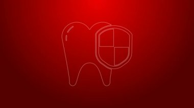 Yeşil çizgi diş koruma ikonu kırmızı arkaplanda izole edildi. Kalkan logosunda diş. 4K Video hareketli grafik canlandırması