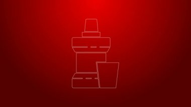 Yeşil çizgi gargara plastik şişe ve kırmızı arka planda izole edilmiş cam ikon. Ağzını çalkalamak için sıvı. Ağız bakım ekipmanları. 4K Video hareketli grafik canlandırması