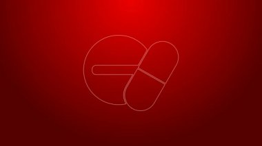 Kırmızı arkaplanda yeşil çizgi ilaç veya tablet ikonu var. Kapsül hapı ve uyuşturucu işareti. Eczane tasarımı. 4K Video hareketli grafik canlandırması
