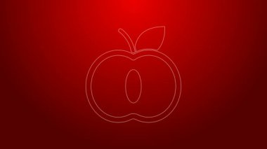 Yeşil çizgi Apple simgesi kırmızı arkaplanda izole edildi. Yaprak sembollü meyve. 4K Video hareketli grafik canlandırması