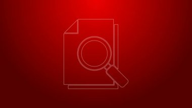 Kırmızı arkaplanda arama simgesine sahip yeşil çizgi belgesi. Dosya ve büyüteç simgesi. Analitik araştırma işareti. 4K Video hareketli grafik canlandırması