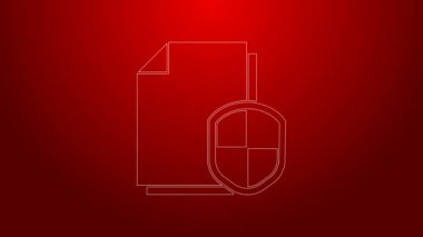 Kırmızı arkaplanda yeşil çizgi belge koruma konsepti simgesi izole edildi. Gizli bilgi ve gizlilik fikri, güvenlik, koruma, kalkan. 4K Video hareketli grafik canlandırması