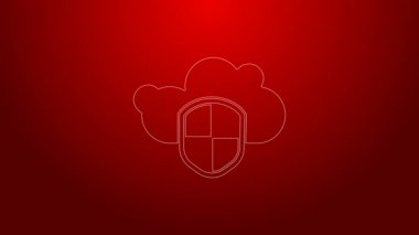Yeşil çizgi Bulut ve kalkan simgesi kırmızı arkaplanda izole edildi. Bulut depolama veri koruması. Güvenlik, güvenlik, koruma, gizlilik kavramı. 4K Video hareketli grafik canlandırması