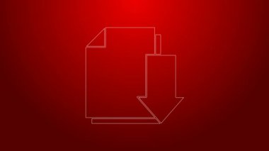 Kırmızı arkaplanda indirme simgesi olan yeşil çizgi belgesi izole edildi. Dosya belgesi sembolü. 4K Video hareketli grafik canlandırması