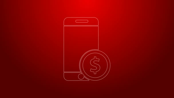 绿色线智能手机与美元符号图标隔离在红色背景。网上购物的概念。金融手机。网上支付。4K视频运动图形动画 — 图库视频影像