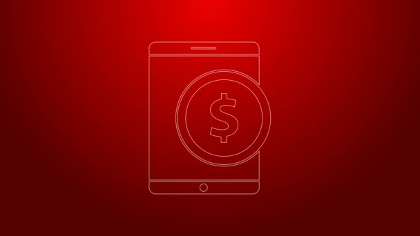 Ligne verte Tablette avec icône symbole dollar isolé sur fond rouge. Concept d'achat en ligne. Téléphone mobile financier. Paiement en ligne. Animation graphique de mouvement vidéo 4K — Video