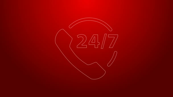 Línea verde Teléfono 24 horas icono de soporte aislado sobre fondo rojo. Centro de atención al cliente durante todo el día. Servicios de llamadas a tiempo completo. Animación gráfica de vídeo 4K — Vídeos de Stock