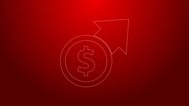 Línea verde Crecimiento financiero e icono de moneda aislados sobre fondo rojo. Aumento de los ingresos. Animación gráfica de vídeo 4K — Vídeo de stock