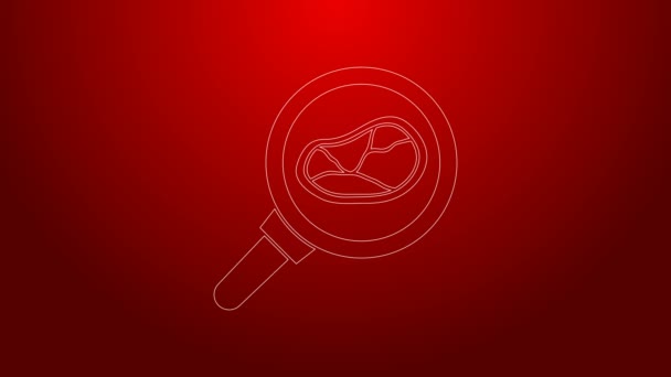 緑のライン赤の背景に隔離されたフライパンのアイコンにステーキ肉。4Kビデオモーショングラフィックアニメーション — ストック動画