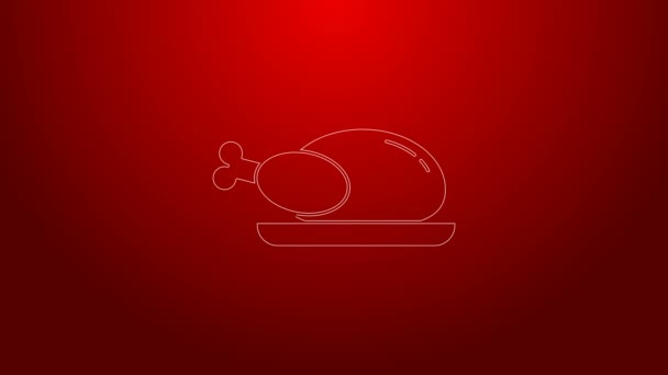 Grön linje Rostad kalkon eller kyckling ikon isolerad på röd bakgrund. 4K Video motion grafisk animation — Stockvideo