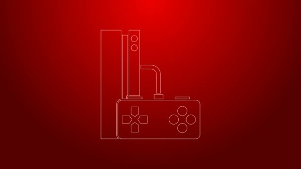 Green line Video game console with joystick icon isolated on red background. 4K Video motion graphic animation — Stock Video