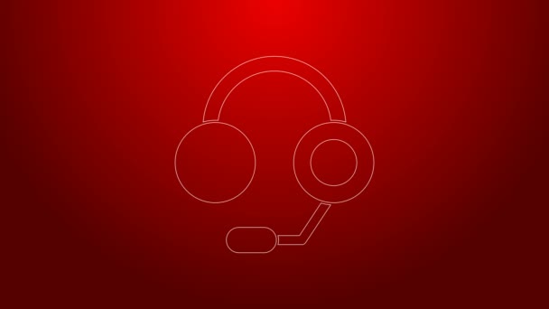 Icono de auriculares de línea verde aislado sobre fondo rojo. Auriculares. Concepto para escuchar música, servicio, comunicación y operador. Animación gráfica de vídeo 4K — Vídeo de stock