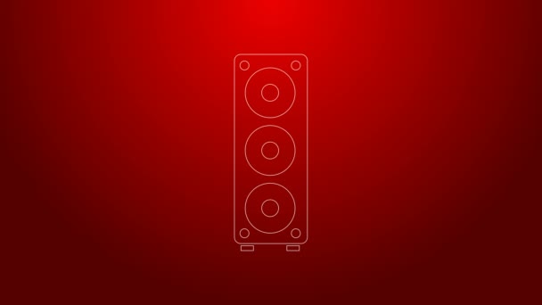 녹색 라인 스테레오 스피커 아이콘은 빨간 배경에 분리되어 있습니다. 소리 시스템 스피커. 음악 아이콘. 뮤지컬 스피커 베이스 장비. 4K 비디오 모션 그래픽 애니메이션 — 비디오