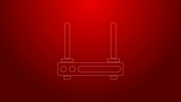 Groene lijn Router en wi-fi signaal symbool pictogram geïsoleerd op rode achtergrond. Draadloze ethernet modem router. Computertechnologie internet. 4K Video motion grafische animatie — Stockvideo