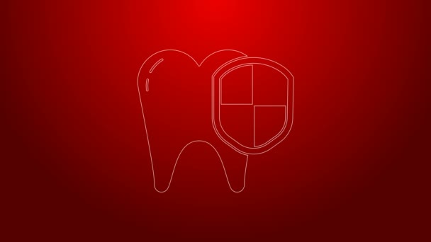 Zielona linia Ikona ochrony stomatologicznej na czerwonym tle. Ząb na logo tarczy. 4K Animacja graficzna ruchu wideo — Wideo stockowe