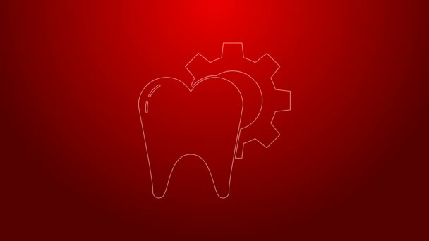 Groene lijn Tandbehandeling pictogram geïsoleerd op rode achtergrond. Tandenreparaties met tandwielen. 4K Video motion grafische animatie — Stockvideo