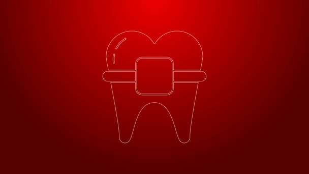 Zelená čára Zuby s ikonou rovnátka izolované na červeném pozadí. Zarovnání kousnutí zubů, zubní řada s rovnátky. Zubní koncept. Grafická animace pohybu videa 4K — Stock video