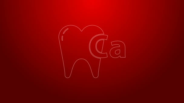 Línea verde Calcio para ícono de diente aislado sobre fondo rojo. Símbolo dental para clínica odontológica o centro médico dentista. Animación gráfica de vídeo 4K — Vídeo de stock