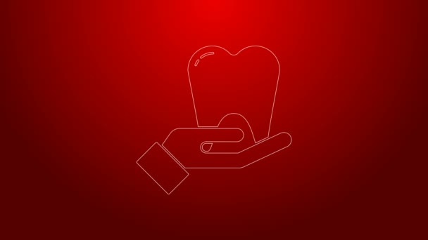 Ligne verte Icône de dent isolée sur fond rouge. Symbole de dent pour clinique dentaire ou centre médical de dentiste et paquet de dentifrice. Animation graphique de mouvement vidéo 4K — Video