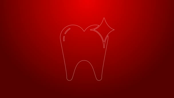 Linha verde ícone conceito clareamento dental isolado no fundo vermelho. Símbolo de dente para clínica odontológica ou centro médico dentista. Animação gráfica em movimento de vídeo 4K — Vídeo de Stock