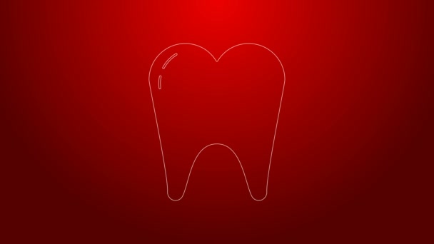 Πράσινη γραμμή εικονίδιο δοντιού απομονωμένο σε κόκκινο φόντο. Δόντι σύμβολο για την οδοντιατρική κλινική ή οδοντιατρείο ιατρικό κέντρο και οδοντόπαστα πακέτο. 4K Γραφική κίνηση κίνησης βίντεο — Αρχείο Βίντεο