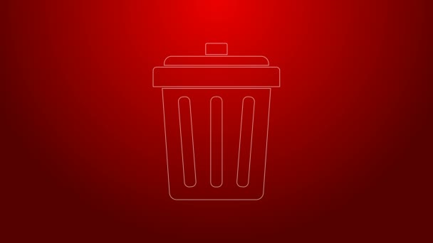 Línea verde Basura puede icono aislado sobre fondo rojo. Cartel de basura. Reciclar icono de cesta. Icono de basura de oficina. Animación gráfica de vídeo 4K — Vídeos de Stock