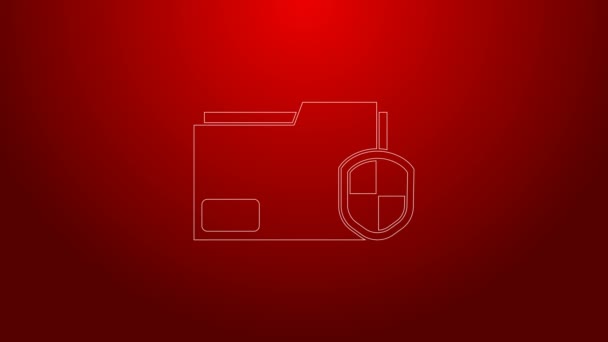 Línea verde Icono de concepto de protección de carpeta de documento aislado sobre fondo rojo. Información confidencial e idea de privacidad, guardia, escudo. Animación gráfica de vídeo 4K — Vídeos de Stock