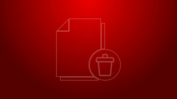 Green line Delete file document icon isolated on red background. Paper sheet with recycle bin sign. Rejected document. Cross on paper. 4K Video motion graphic animation — Stock Video