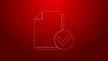 Kırmızı arkaplanda yeşil çizgi belgesi ve işaretleme simgesi izole edildi. Kontrol listesi simgesi. İş konsepti. 4K Video hareketli grafik canlandırması