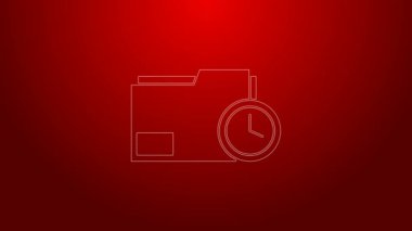 Kırmızı arkaplanda izole edilmiş saat simgesi olan yeşil çizgi belge dizini. Belge ve geri sayım, teslim tarihi, program, planlama sembolü. 4K Video hareketli grafik canlandırması