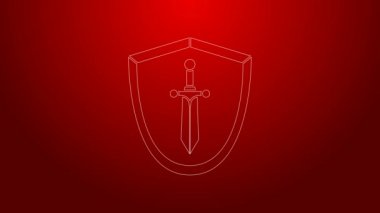 Yeşil çizgi Ortaçağ kalkanı ve kırmızı arka planda izole edilmiş kılıç simgesi. 4K Video hareketli grafik canlandırması
