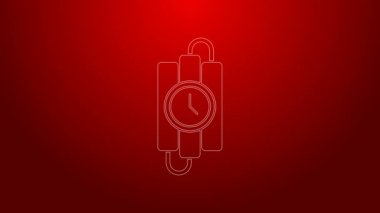 Yeşil hat dinamit bomba çubuğunu ve zamanlayıcı ikonunu kırmızı arkaplanda izole edin. Saatli bomba - patlama tehlikesi kavramı. 4K Video hareketli grafik canlandırması