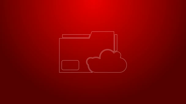 Linea verde Icona della cartella del documento di archiviazione cloud isolata su sfondo rosso. Animazione grafica 4K Video motion — Video Stock